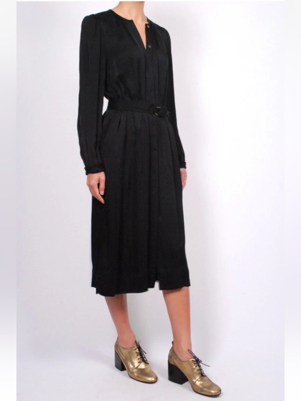 Raquel Allegra Shirt dress Black Stripe Belted Cupro Sz 3 Pockets Casual career